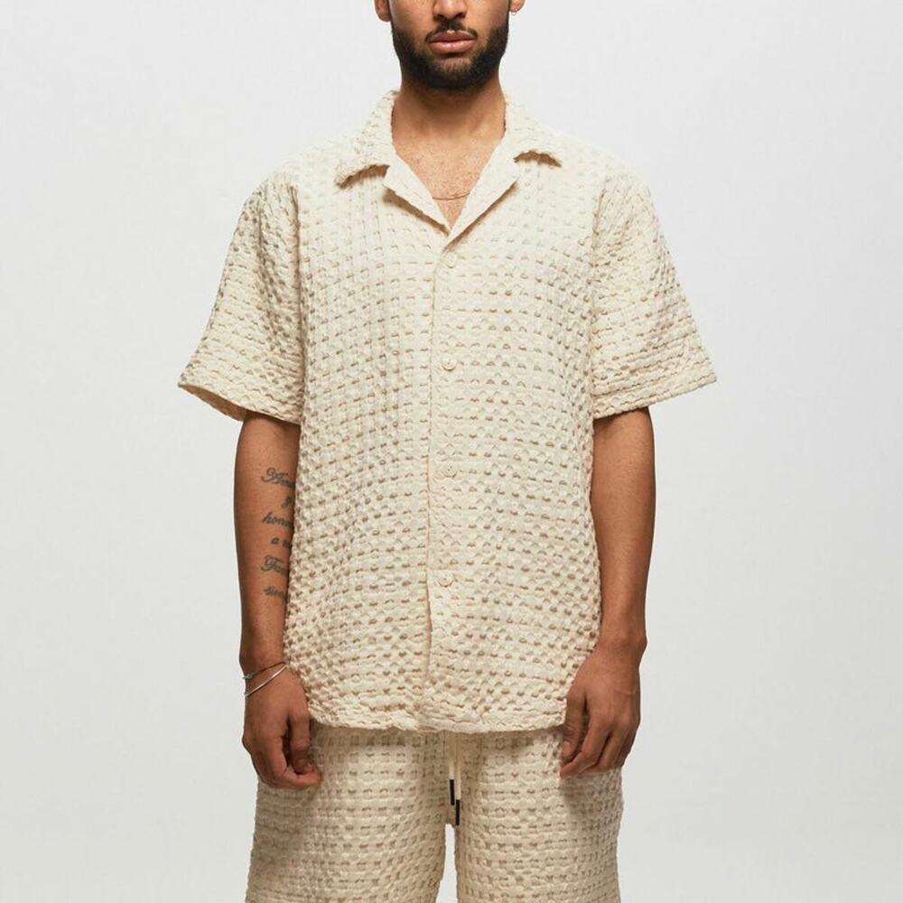 OAS Cuba Waffle Textured Ecru Button Up Short Sleeve Shirt XXL NEW White